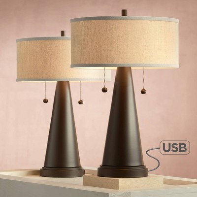 Bronze Tapered Table Lamps with Natural Drum Shades and USB Ports, Set of 2
