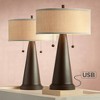 Franklin Iron Works Craig Rustic Farmhouse Accent Table Lamps 23" High Set of 2 Bronze with USB Charging Port Natural Drum Shade for Bedroom Desk - 2 of 4