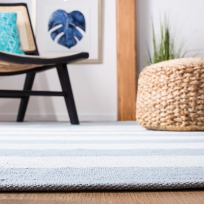 Ivory and Sky Blue Striped Cotton Flat Woven Rug
