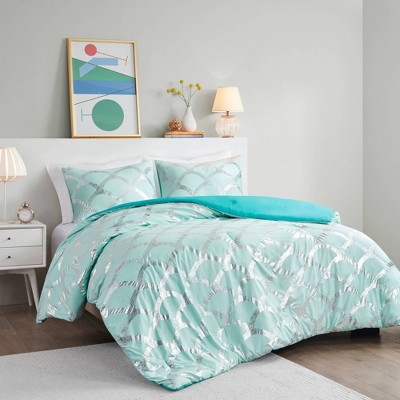 Janelle Metallic Printed Comforter and Sham Set Aqua Blue - Intelligent Design