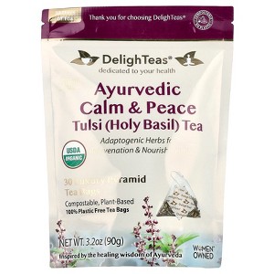 DelighTeas Ayurvedic Calm & Peace Tulsi (Holy Basil) Tea, Caffeine Free, 30 Luxury Pyramid Tea Bags, 3.2 oz (90 g) - 1 of 2