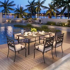 Captiva Designs 7pc Patio Slatted Top Steel Dining Table & Metal Chairs with Seat Cushions and Waist Pillows - 1 of 4