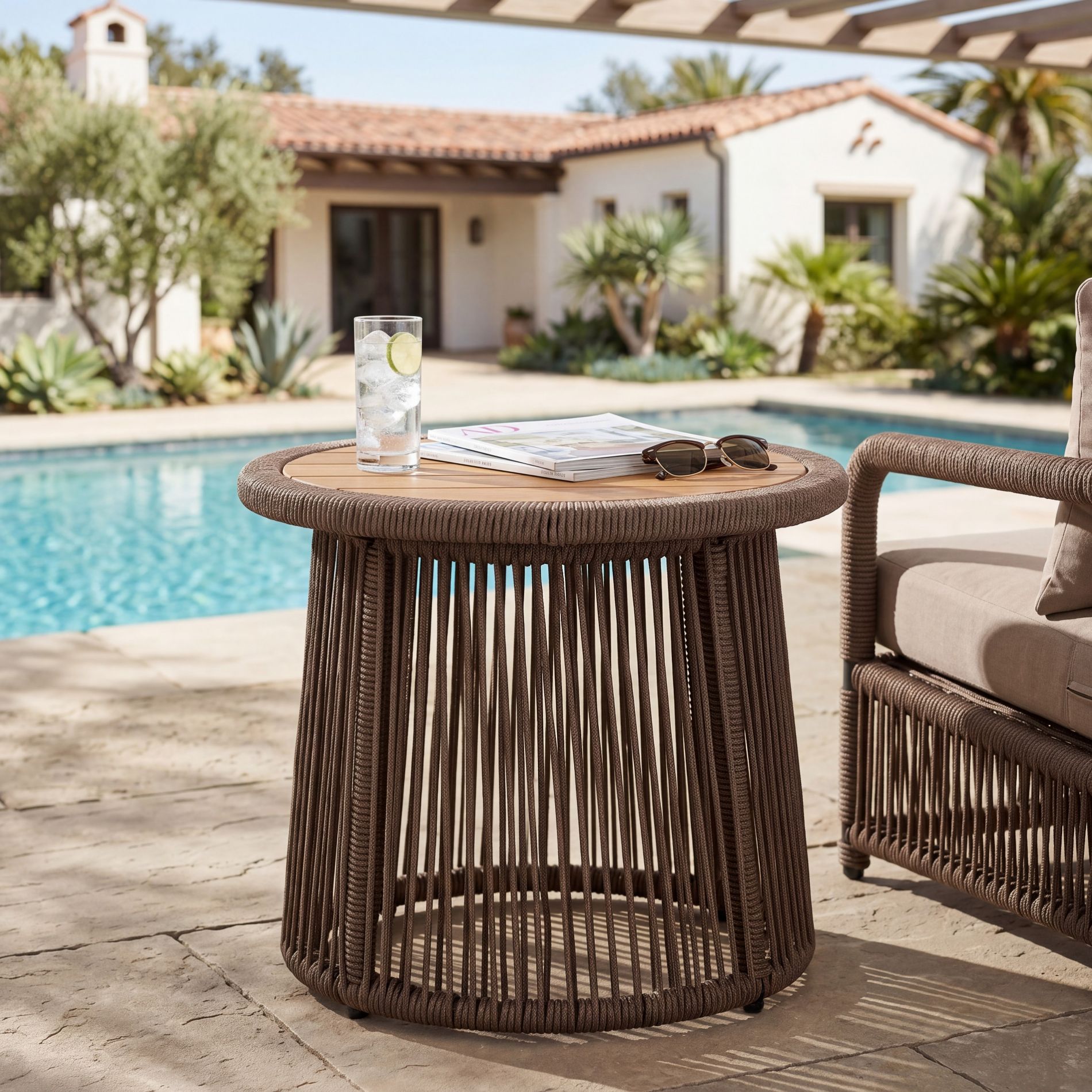 Christopher Knight Home Pyro Modern Acacia and Steel Patio Round Side Table with Rope Design, Teak/Dark Beige
