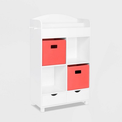 RiverRidge Kids' Book Nook Cubby Toy Storage Cabinet with Bookshelf, Drawers, and Hooks White with 2 Fabric Bins