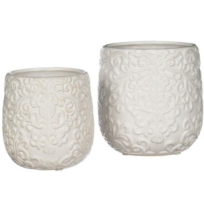 Sullivans Set of 2 Embossed Planters 6"H & 5"H White