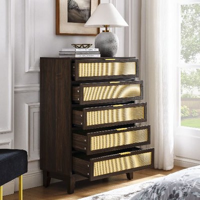 NicBex 5-Drawer Rattan Chest of Drawers for Bedroom, Storage Cabinet with Anti-Tip Device & Smooth Slides, Modern Wooden Dresser for Bedroom