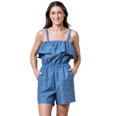Hope & Henry Women's Organic Ruffle Top Chambray Romper