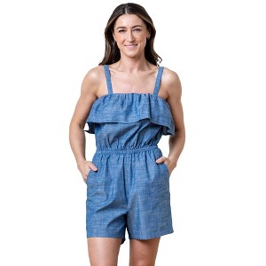 Hope & Henry Women's Organic Ruffle Top Chambray Romper - 1 of 4