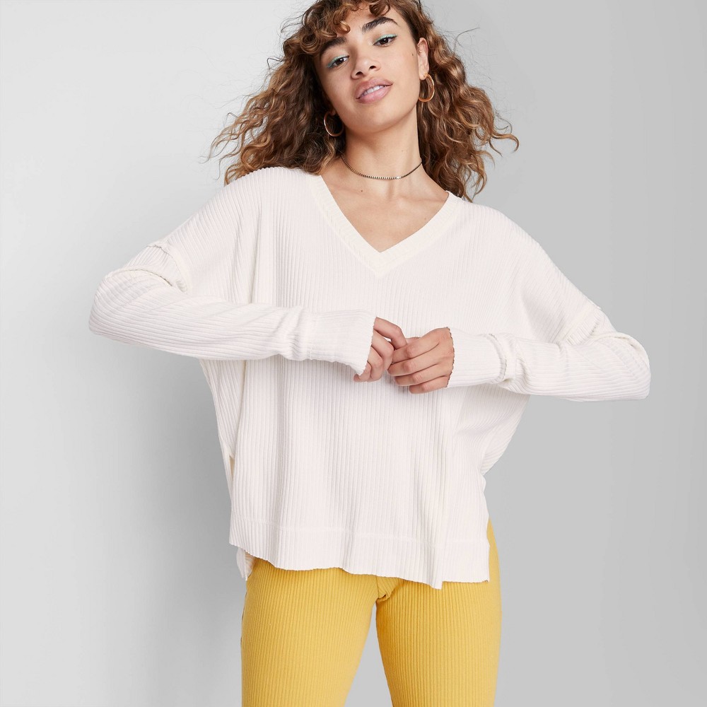 Women's Long Sleeve V-Neck Cozy Rib T-Shirt - Wild Fable Almond M, Beige