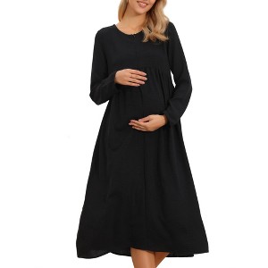 INSPIRE CHIC Women's Nursing Breastfeeding Dress Zip Front Tiered Long Sleeve Maxi Round Neck Pleated Maternity Pregnancy - 1 of 4