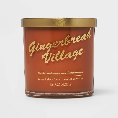 15.1oz Lidded Glass Jar 2-Wick Gold Decal Gingerbread Village Candle - Opalhouse™