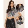INSPIRE CHIC Women's Party Short Sleeve Mock Neck Holographic Metallic Crop Top - 2 of 4