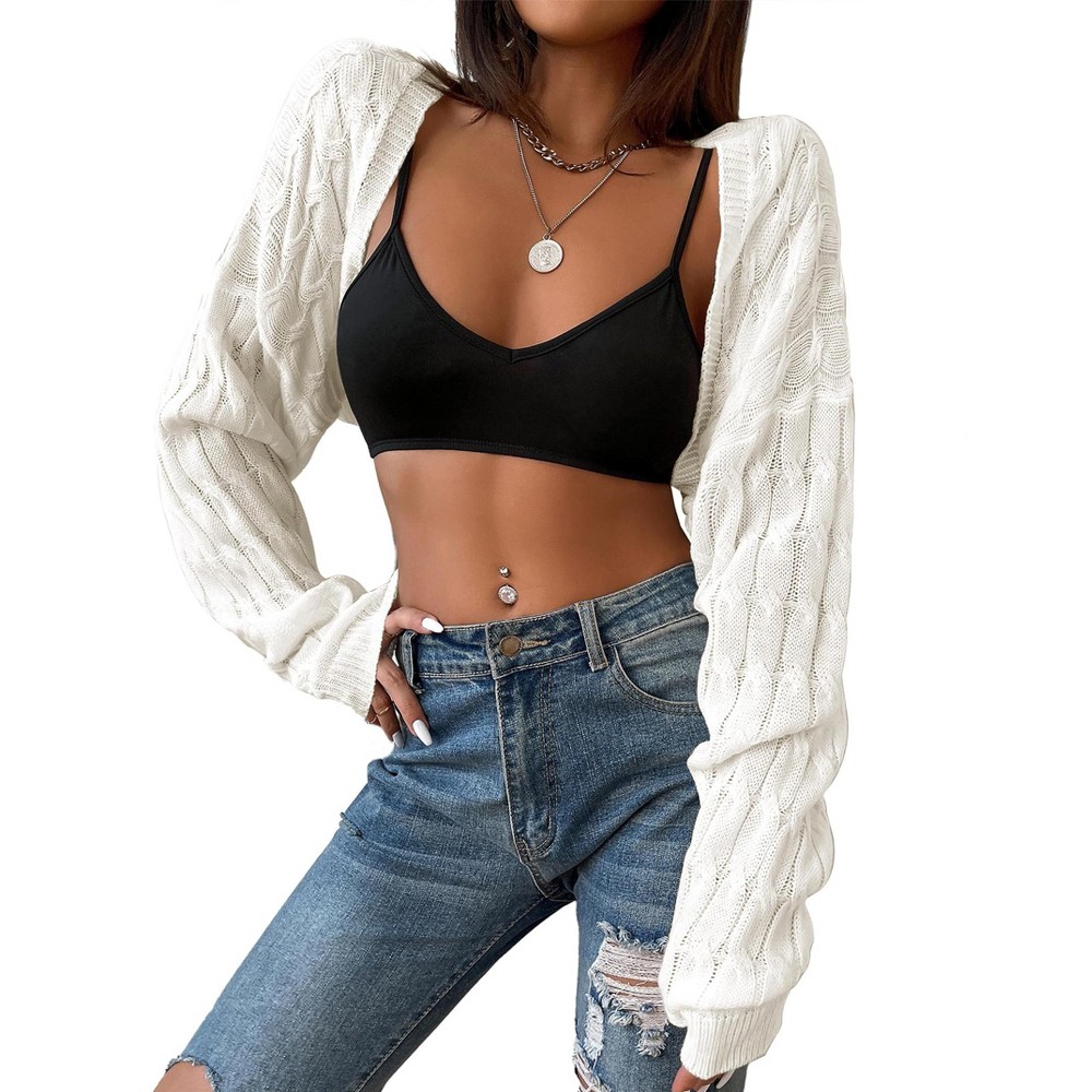 Women's Long Sleeve Open Front Cardigan Drop Shoulder Knit Bolero Shrug Sweater Cardigan for Outerwear Beige L