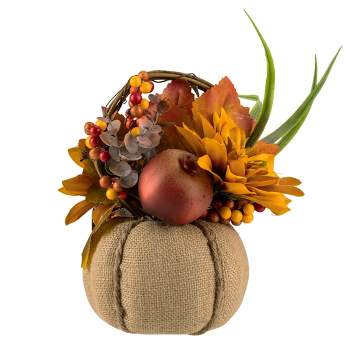 Northlight 9" Mixed Autumn Harvest Flora in a Pumpkin Basket Decoration