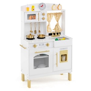 Costway Play Kitchen with 3 Adjustable Heights, Microwave, Stoves, Sink, Oven, Ice Maker White/Pink - 1 of 4