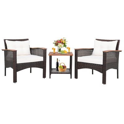 Outdoor 3-Piece Brown Rattan Furniture Set with Acacia Wood Tabletop
