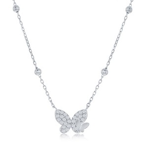 Bella Silver Sterling Silver Beaded Chain CZ Butterfly with Small Polished Butterfly Necklace - Silver - 17+2 Inch - 1 of 2
