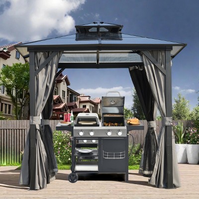 Outdoor 8×8 FT Grill Gazebo, Hardtop Gazebo with Storage Hooks, BBQ Gazebo with Steel Frame and Polycarbonate Roof-Coolbibila