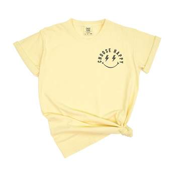 Simply Sage Market Women's Embroidered Choose Happy Lightning Smiley Face Short Sleeve Garment Dyed Tee