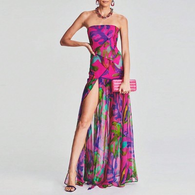 Clotth Women Tube Top Dress Slim Strapless Backless Mesh Patchwork Maxi Dress Strapless High Slit Long Dress Party Club Night Dress Clubwear