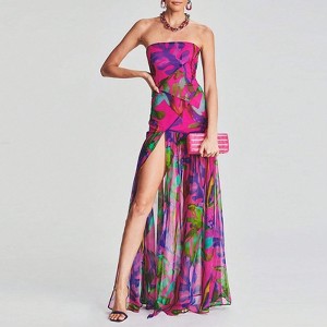 Clotth Women Tube Top Dress Slim Strapless Backless Mesh Patchwork Maxi Dress Strapless High Slit Long Dress Party Club Night Dress Clubwear - 1 of 4