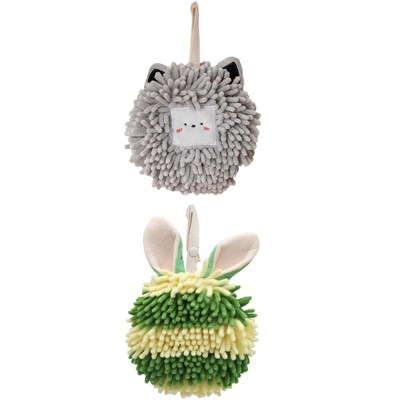 REGALWOVEN Rabbit Shape Quick Drying Soft Absorbent Decorative Chenille Fuzzy Ball Hand Towels with Hanging Loops 7" x 7" 2 Pcs