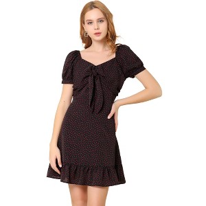 Allegra K Women's Vintage Tie Knot Sweetheart Neck Heart Print A-Line Ruffle Mini Dress - 1 of 4