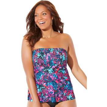 Swimsuits For All Women's Plus Size Bandeau Blouson Tankini Top 16 Neutral  Floral