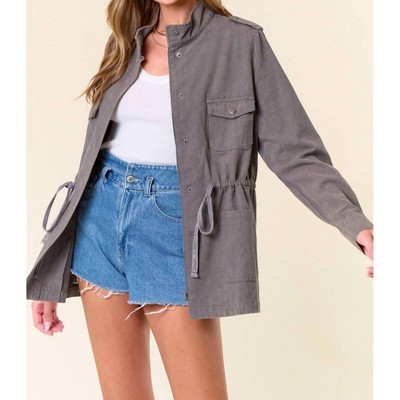 Women's Camo Mock Neck Utility Jacket With Hidden Snap - Doe and Rae