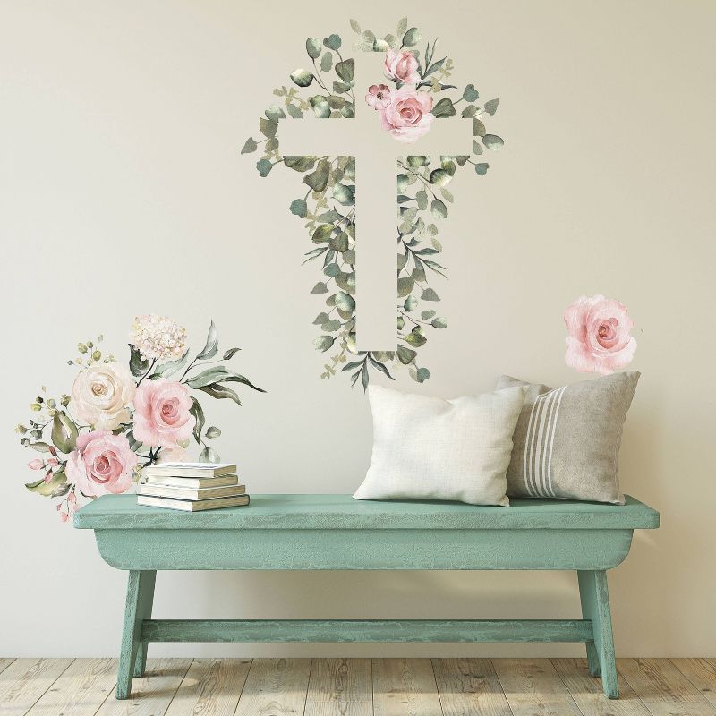 Watercolor Floral Cross Giant Peel and Stick Wall Decal Pink - RoomMates, 3 of 6
