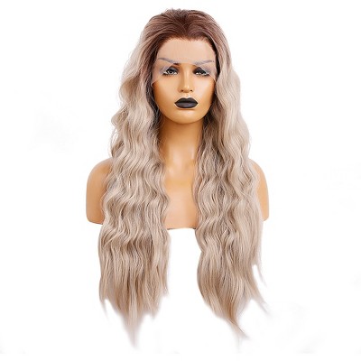 Unique Bargains Women's Long Body Wave Lace Front Wigs with Wig Cap 24" Brown Gradient Blonde 1PC