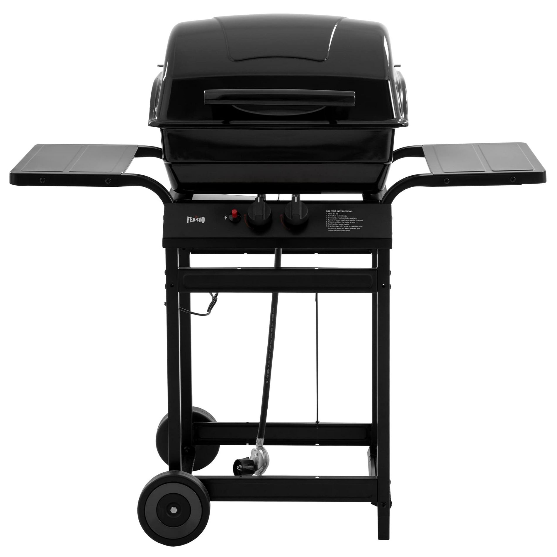 Feasto 2-Burner Propane Gas Grill, 26,500 BTU, Porcelain-Enamel Body & Lid, Stainless Steel Burners, Side Tables for Outdoor Backyard Cooking