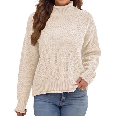 Women's Mock Neck Sweater Soft Winter Knit Top with Lantern Sleeves Premium Quality Fall/Winter Fashion