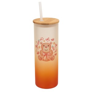 Elanze Designs 25 Ounce Frosted Glass Gradient Travel Tumbler With Straw and Wooden Lid, Girl Teddy Bear Orange - 1 of 1