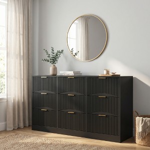 Whisen 9 Drawer Dresser Chest of Drawers Long Dresser Wooden Storage Cabinet  with 63" Large Deep Drawers & Golden Handles Wavy Pattern Panel - Black :  Target