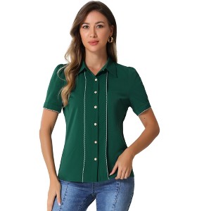 Allegra K Women's Contrast Trim Point Collar Puff Short Sleeve Button Down Shirt - 1 of 4