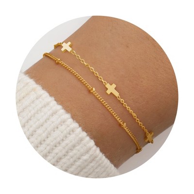 Turandoss 2PCS Gold Bracelet for Women Girls - Dainty 18K Gold Chain Bracelet Stack for Kids, Layered Bracelet Set, Christmas Gifts for Girls, 6+2In