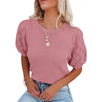 Womens Short Sleeve Lightweight Sweaters Crewneck Knit Pullover Tops with Crochet Sleeve Casual Crochet Blouse Shirt for Spring, Summer