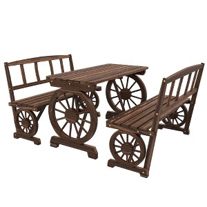 Outsunny Outdoor Table and Chairs for 4 People, Wooden Furniture Set w/ Wagon Wheel Design for Backyard Garden, Deck, Carbonized - 1 of 4