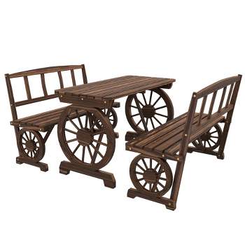 Outsunny Outdoor Table and Chairs for 4 People, Wooden Furniture Set w/ Wagon Wheel Design for Backyard Garden, Deck, Carbonized