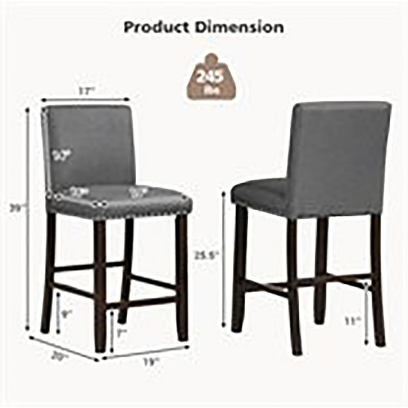 Tangkula Set of 2 Bar Stools Linen Fabric Counter Height Chairs for Kitchen Island Grey, 4 of 11