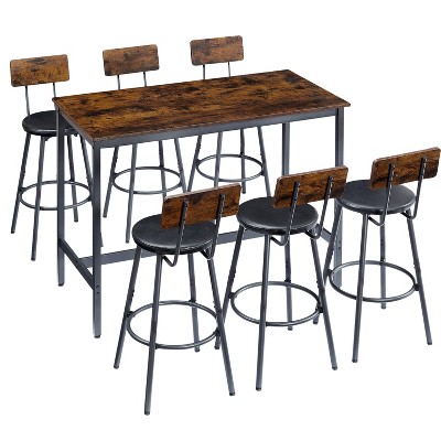 VYNXARIA High Dining Table 7 Piece Set, Industrial Style Pub Table, 6 PU Leather Bar Chairs for Kitchen Breakfast Table, Living Room, Bar,Rustic Brown