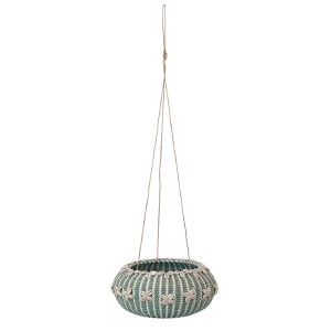 Storied Home Hanging Handwoven Rattan Planter with Shells and Jute Hanger, Aqua - 1 of 4