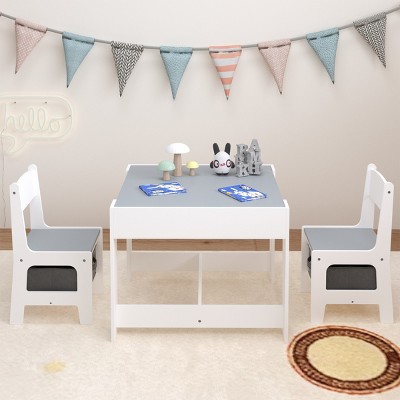 FURNIinspire Kids Table Sets 3 In 1 Wooden Activity Table Set, Kids Table And Chairs with Storage Drawer for Nursery, White, 24.21"*24.21"*18.9"