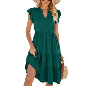 Women's Casual Tiered Dress with Pockets V Neck Ruffle Dress Cap Sleeve Swing Mini Dress A-Line Dresses - 1 of 4