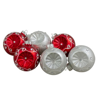 Northlight 6ct Red and Silver Retro Reflector Matte Glass Christmas Ball Ornament Set 3.25" (82mm)