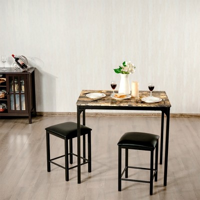 Costway 3-Piece Dark Faux Marble Pub Table Set with Black Chairs