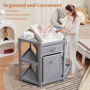 Modern Wood Diaper Changing Table Organizer for Infants and Toddlers with Changing Pad,Laundry Hamper,Baby Corner Changing Table with Storage Drawer - 1 of 4