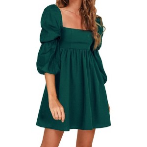 EXLURA Womens Square Neck Dress Long Puff Sleeve A-Line Casual Short Mini Dresses - 1 of 4