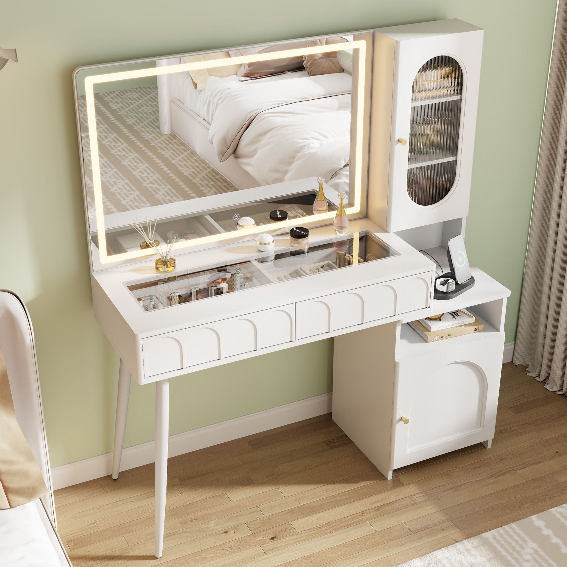 48" Makeup Vanity Desk with Mirror and Lights, Fluted Modern Vanity with Glass top & Storage Cabinet,White